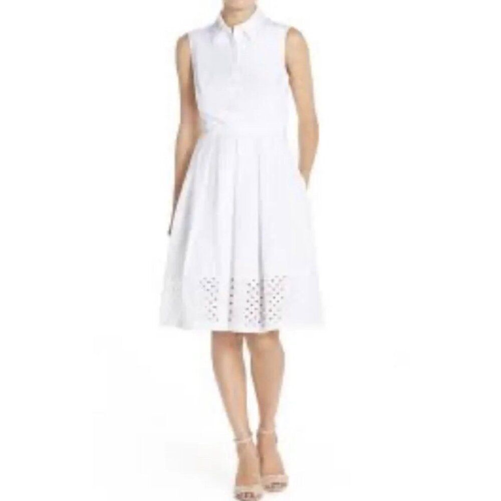 Eliza J white Women Collared Pleated Eyelet Hem Sleeveless Dress With Pockets Si